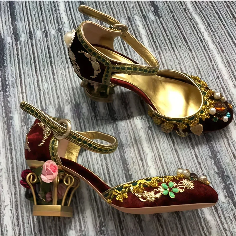 Red Velvet Flower Heels Woman Shoes Retro Birdcage Applique Embroidery Sandals Shoes String Bead Ankle Strap Runway Shoes