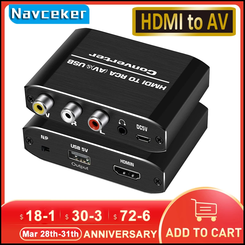 Navceker HDMI-kompatibel zu RCA Konverter AV/CVSB L/R Video Box HD 1080P 1920*1080 60Hz HDMI2AV Unterstützung NTSC PAL Ausgang HDMIToAV