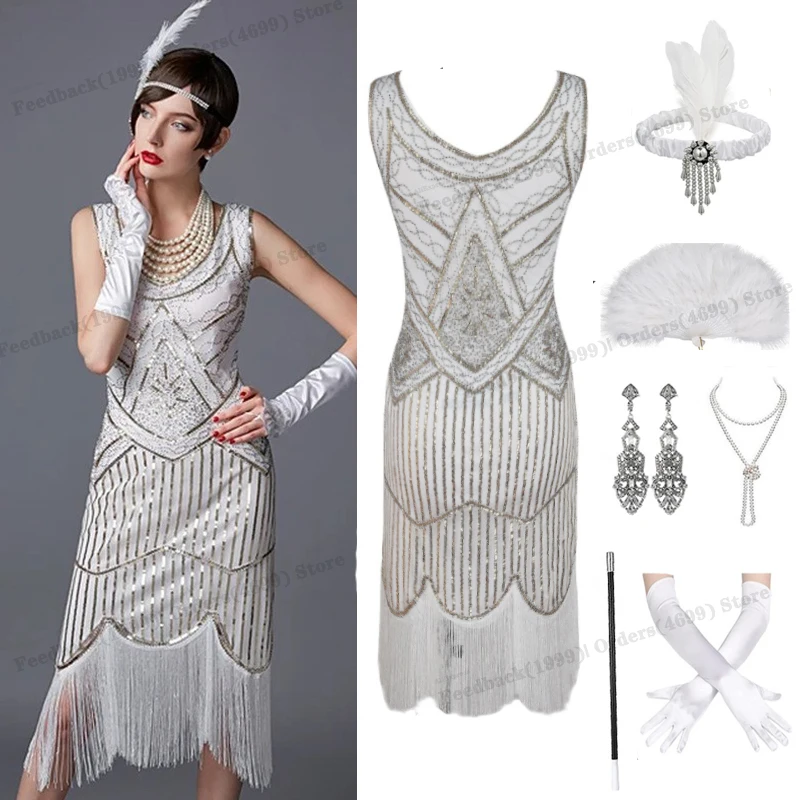 1920s vintage flapper meisjes gatsby feestjurk voor vrouwen u hals mouwloze lovertjes kwastjes jurken met waaierketting accessoires