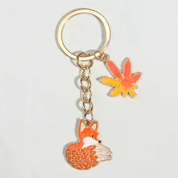 Cute Enamel Keychain Maple Leaves Fox Key Ring Animal Key Chains Souvenir Gifts For Women Men Car Keys DIY Handmade Jewelry