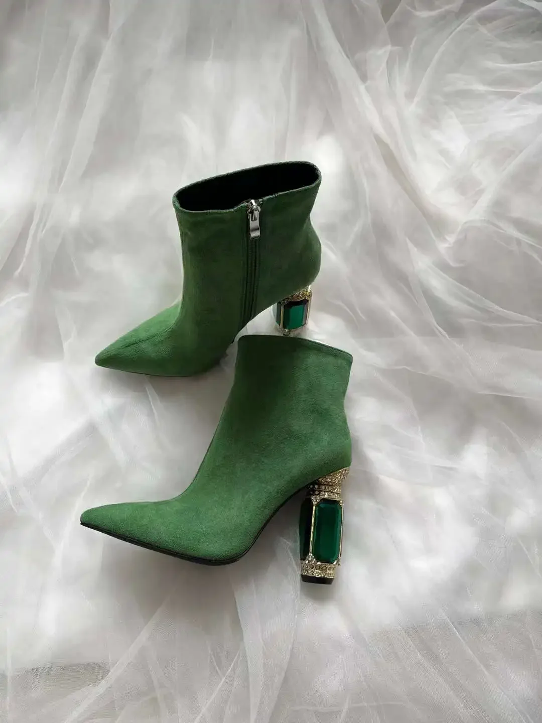 Black/green Suede High Heel Boots Pointed Toe Side Zipper Green Gem Heel Ankle Boots Fashion Women Shoes Short/long Boots