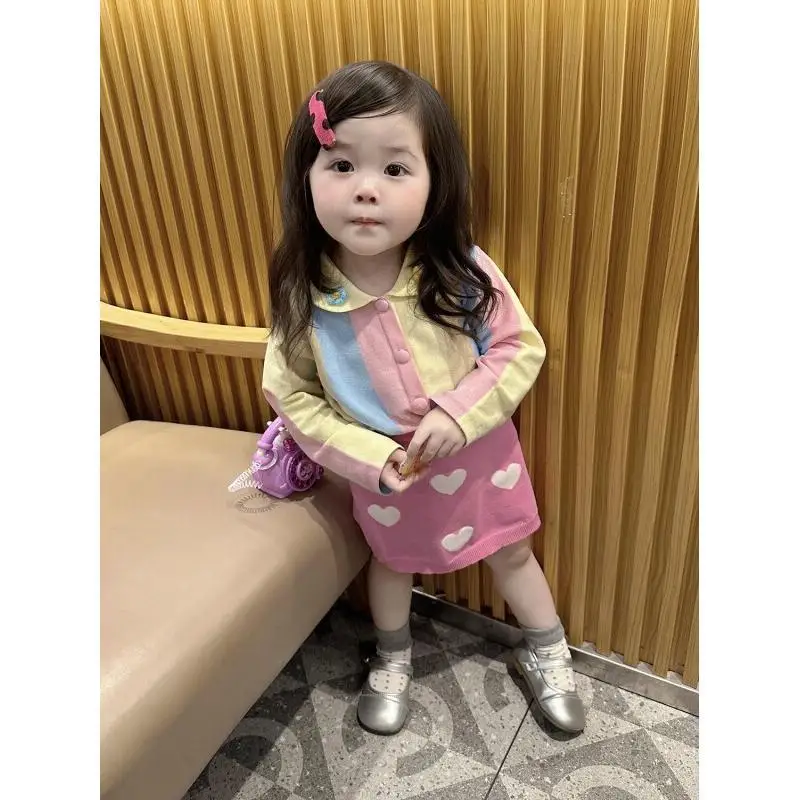 Children's Clothing New Style Knit Cardigan And Heart Knit Skirt For Girls And Baby Girls Spring Korean Vibrant Colorful Stripes