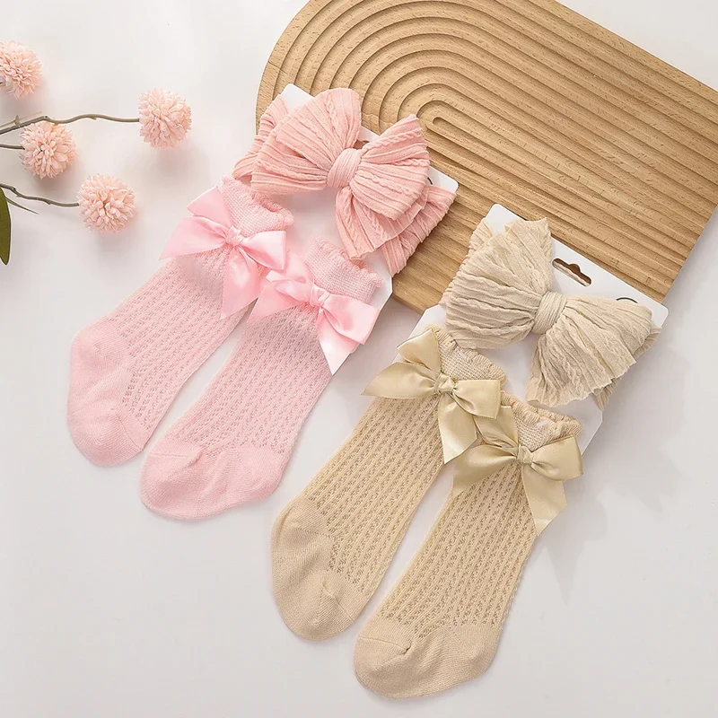 

New Baby Bow Headband Socks Set Nylon Bowknot Princess Girl Hairbands Toddler Kids Elastic Middle Tube Socks Kids Gifts