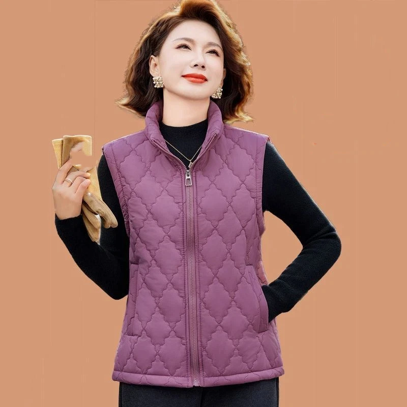 Middle Aged Women Stand Collar Fleece Lined Vest Sleeveless Quilted Warm Waistcoat Casual Outerwear For Autumn Winter
