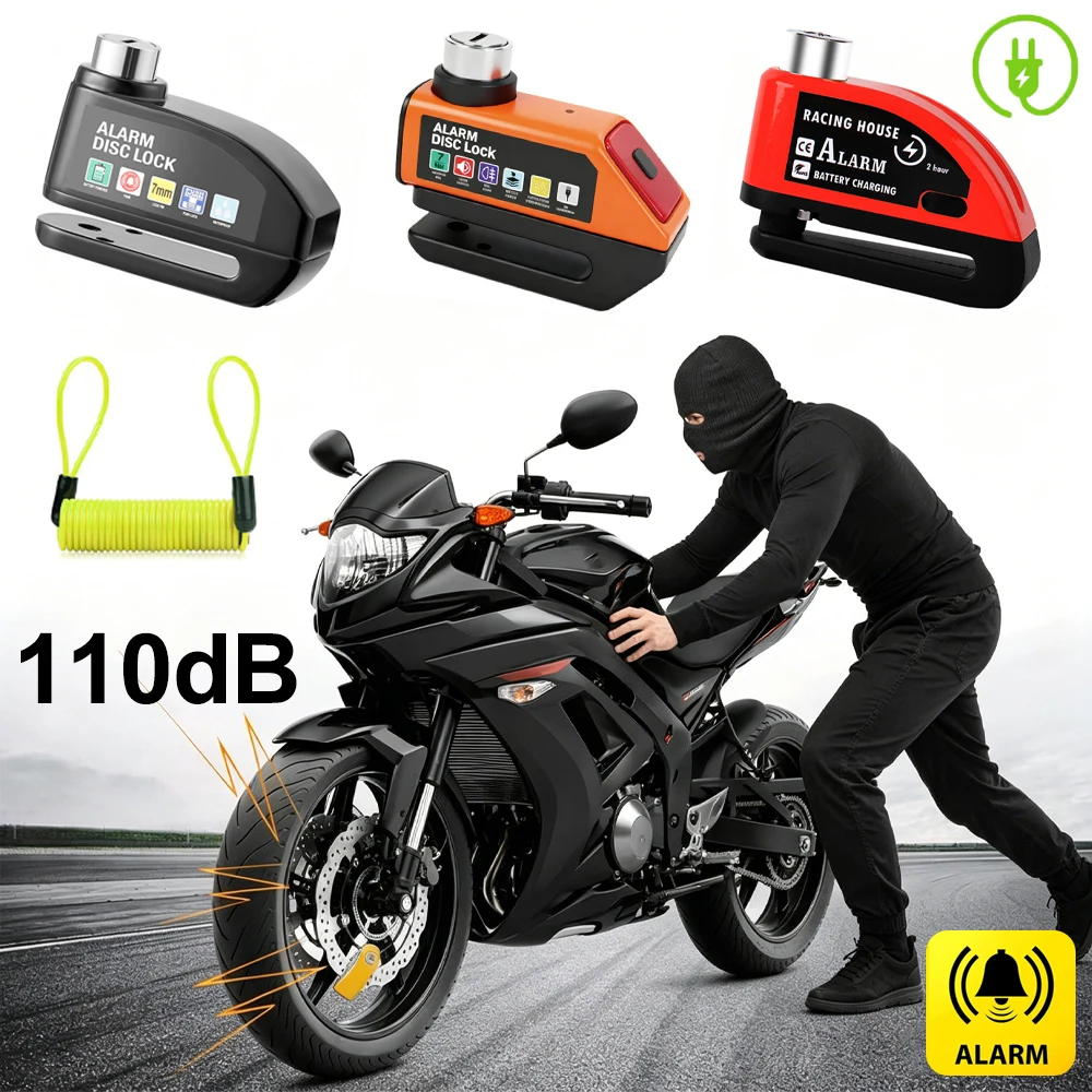

Motorcycle Bicycle Lock Rechargeable 110dB Alarm Protection Padlock Waterproof Brakelock Safety Anti-Theft Wheel Disc Brake Lock