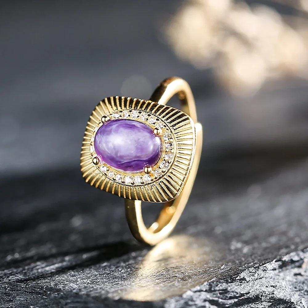 

S925 Silver Gold Plated Women's Rings 8*6MM Natural Charoite Lavender Purple Gemstone Geometric Adjustable Bands Boho Jewelry