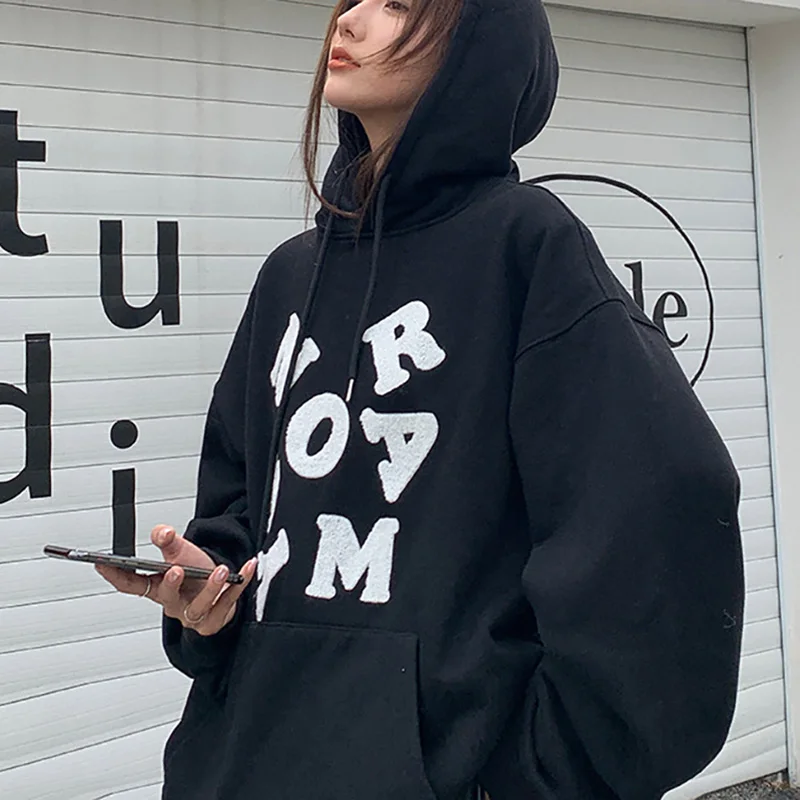 Letter Print Hoodie Women Korean Casual Y2k Long Sleeve Pullover Tops Hood Shirt Autumn Winter Harajuku Oversize Sweatshirt New