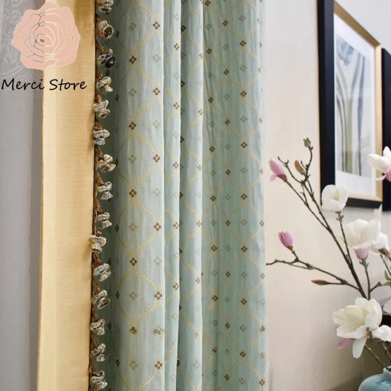 

Modern American Lake Green Blackout Curtains for Living Room Diamond Jacquard Cotton Linen Custom Dark Pattern Leisure Drapes