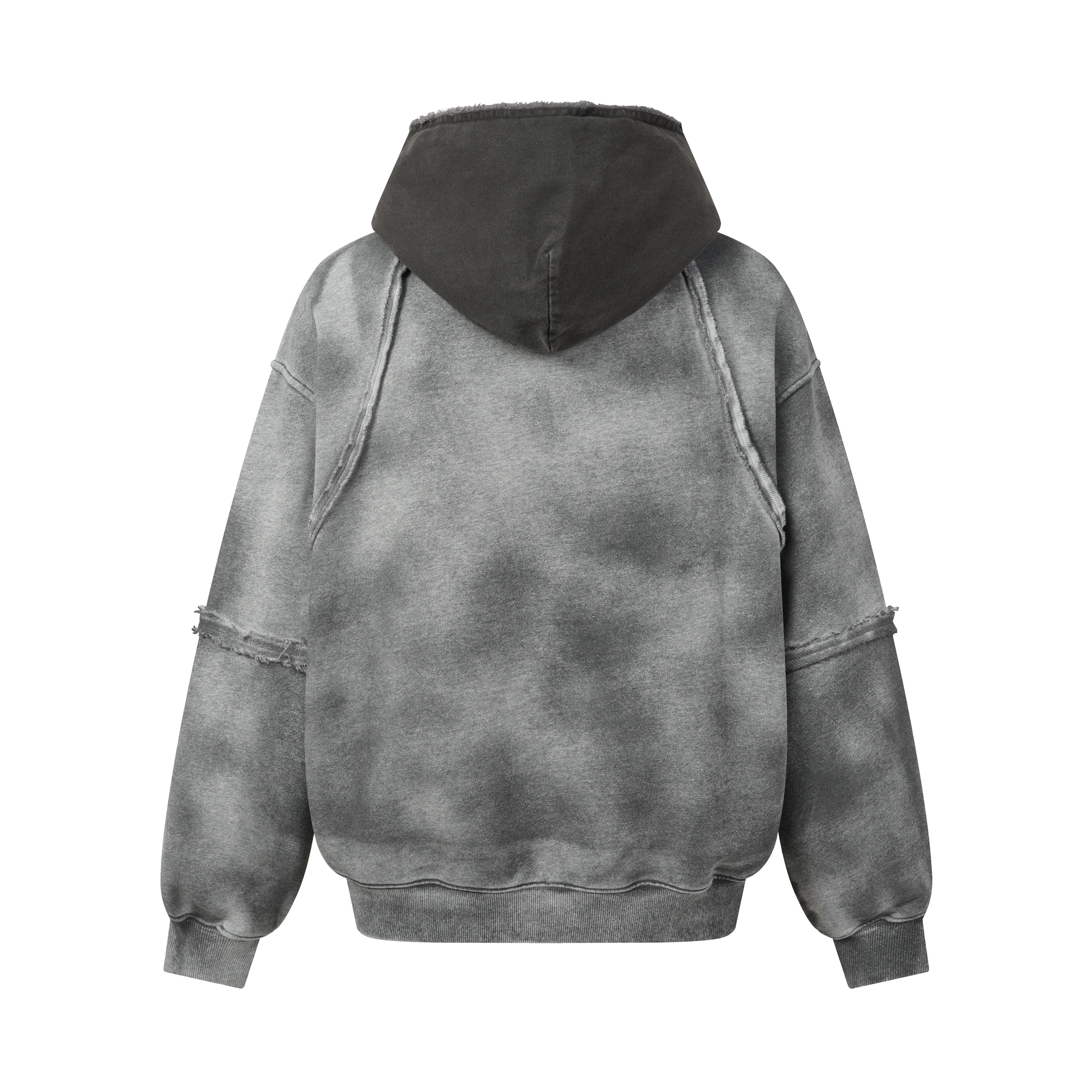 Men Vintage Washed Tie Dye Hoodie Raw Edge Patchwork Color Block Pocket Streetwear Oversized Sweatshirt