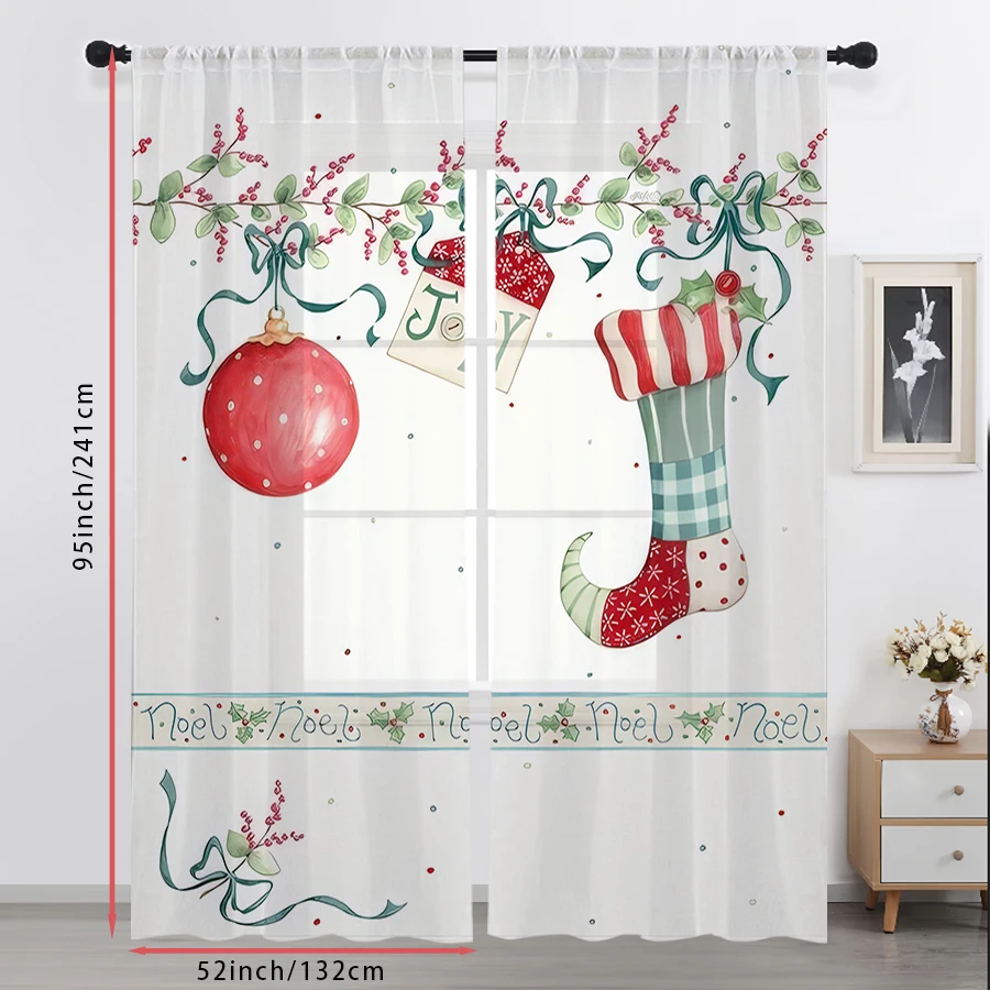 2PCS Bauble Stocking Sheer Curtains, Holly Berry Noel Christmas Print, Rod Pocket Window Drapes for Xmas Holiday Home Decor view 5