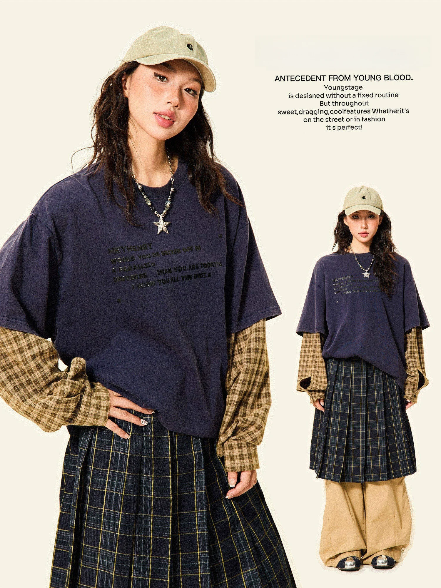 

Young Stage American Retro Plaid Splicing Long Sve T-irt Women's Initial Autumn Design Couple's Top Print Commute Sle ...