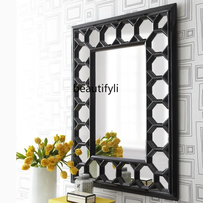 Black Geometric Pattern Border Decorative Mirror Model Room Living Room Fireplace Wall Hanging Art Mirror