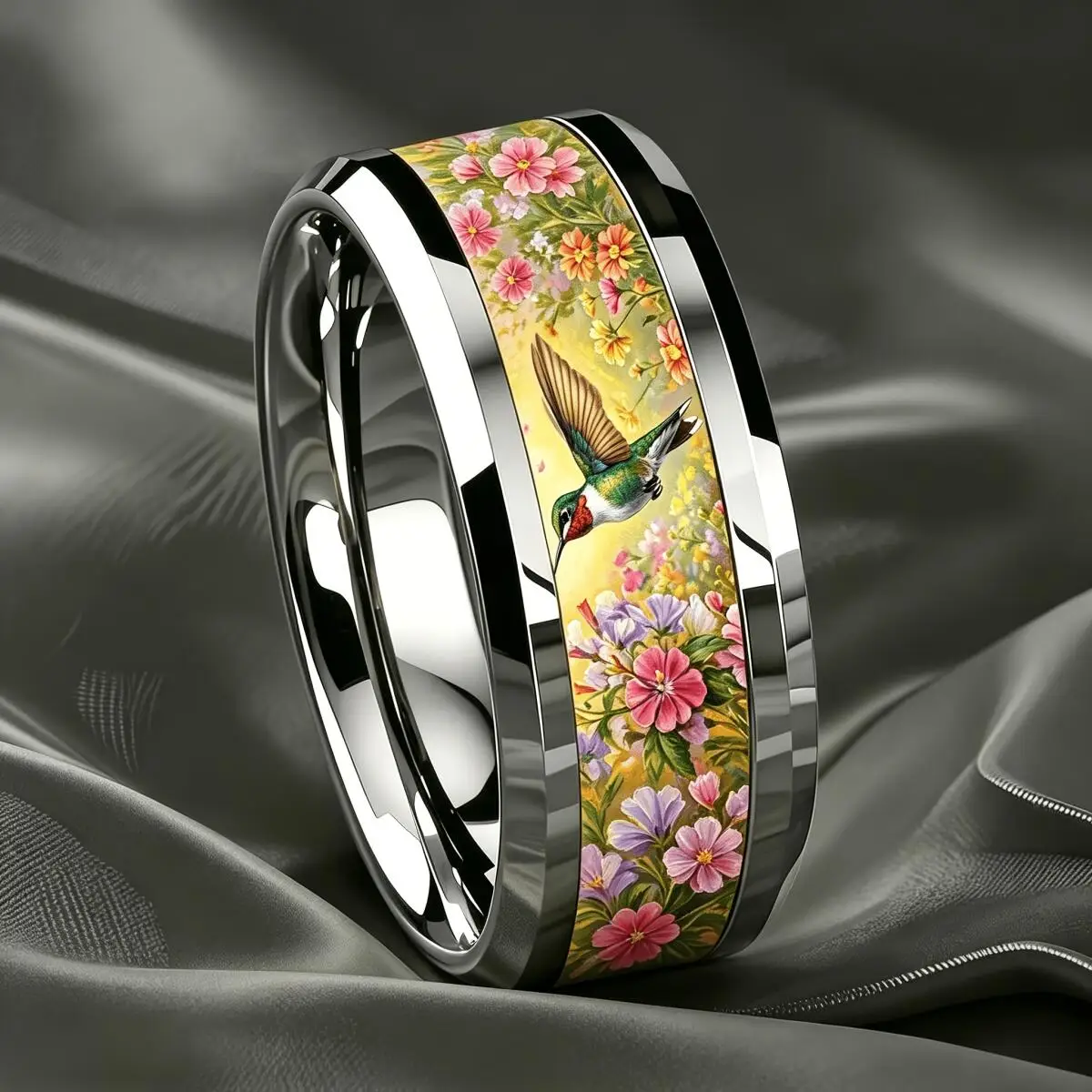 Boho Hummingbird & Vibrant Flower Inlay Ring Spring Nature Style Stainless Steel Rings For Women Men Wedding Band Jewelry Gifts