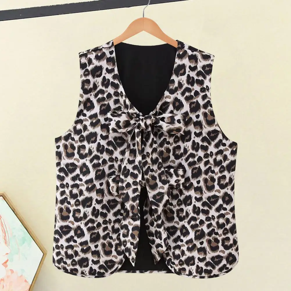 Women Lace-up Bowknot Leopard Print Vest High Waist Wide Leg Long Pants Leopard Print Waistcoat Trousers Casual Jackets Vest