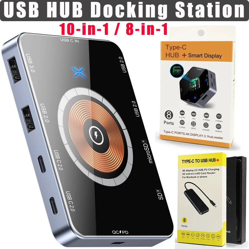 8-in-1 Docking Stations 10-in-1 USB Hubs TypeC 3.1 HUB-To-HDMI 4K USB 3.0 PD 100W Charge USB Splitter for Macbook Air/Pro Laptop