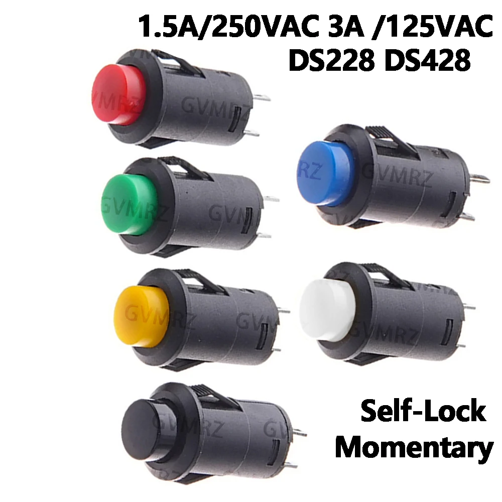 DS228 DS428 Self-Lock/Momentary Pushbutton Switches 12mm, OFF/ON Push Button Switch Snap-on, 1.5A/250VAC, 3A/125VAC