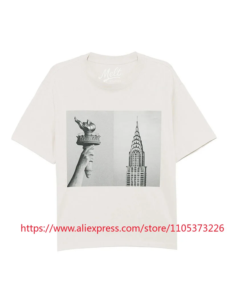 2026 New Arrival Melt New York Split Photo Print T-Shirt Casual Loose Fit Cotton Crew Neck Short Sleeve Top