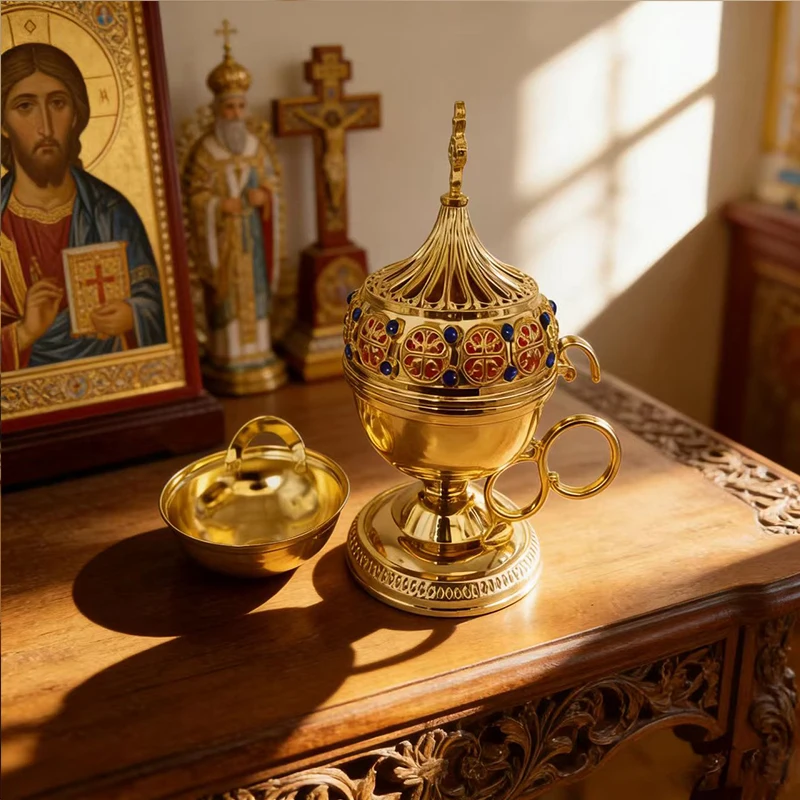New Byzantine Gold Plated Orthodox Incense Burner with Enamel Gems for Church Liturgy Home Altar Prayer Religious Devotion Gift