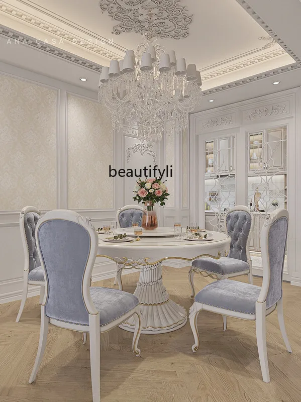 

Court French furniture European solid wood carving flower dining table 1.5 meters round table with turntable