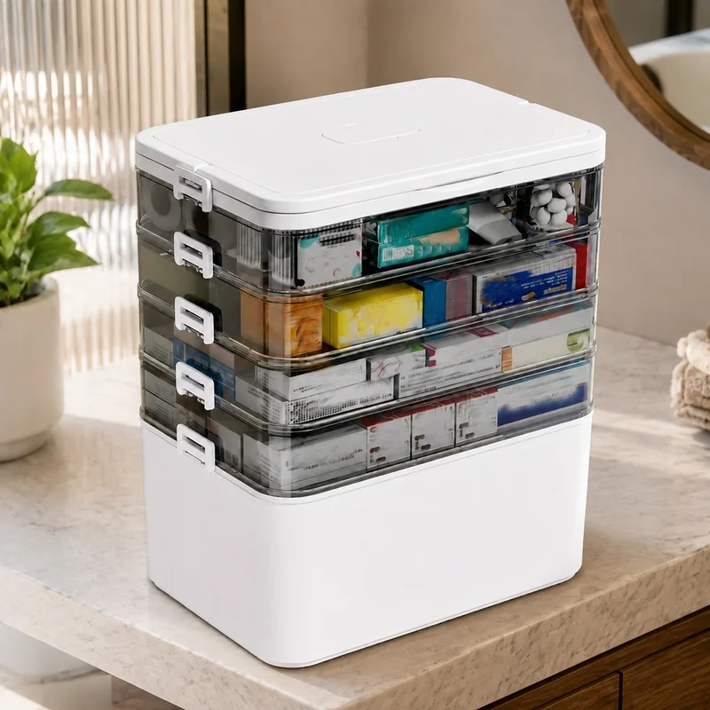 Large Capacity Waterproof Medicine Organizer Box with Divided Compartments and Instruction Label
