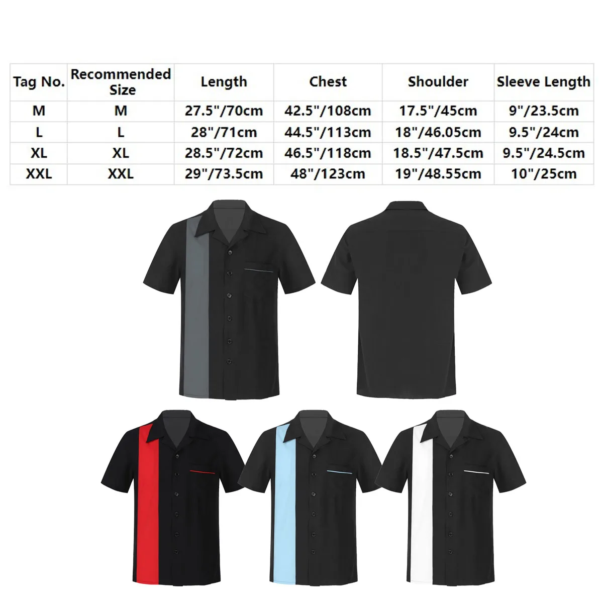 メンズレトロボウリングレトロシャツカラーブロックショートスリーブカジュアルノッチカラーボタントップス、ポケット付き