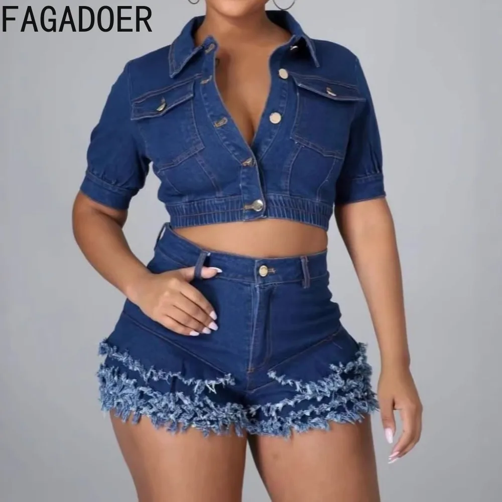 

FAGADOER Fashion Tassel Patchwork 2 Pieces Set for Woman Solid Color Short Sleeve Crop Top and Shorts Female Streetwear Clothing