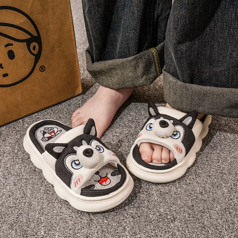 Breathable Linen Slippers Women Cute Squirrel Home Platform Shoes Comfort Cartoon Couples Indoor Slipper Ladies Fashion Slides