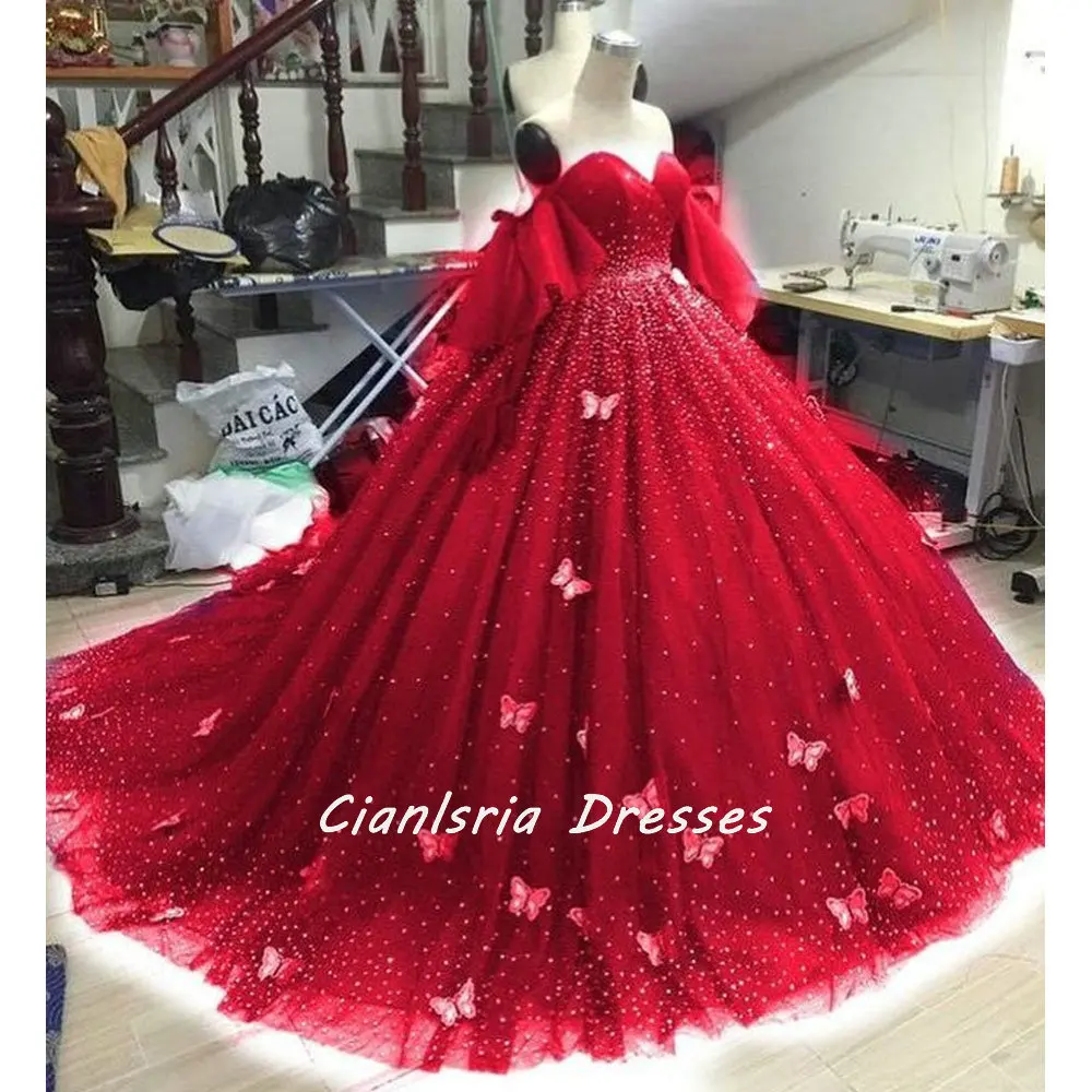 

Red 3D Butterfly Corset Mexican Quinceanera Dress Ball Gown Off The Shoulder Pearls Beading Vestido De XV Anos