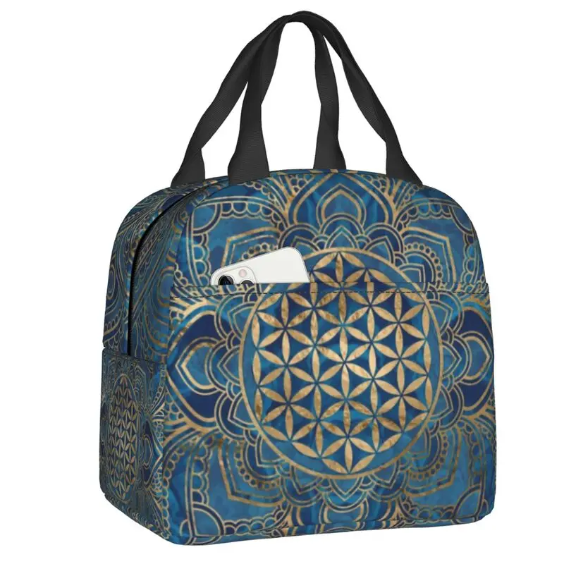 Custom Flower Of Life In Lotus Mandala Lunch Bag Women Buddhism Thermal Cooler Insulated Lunch Boxes for Student School