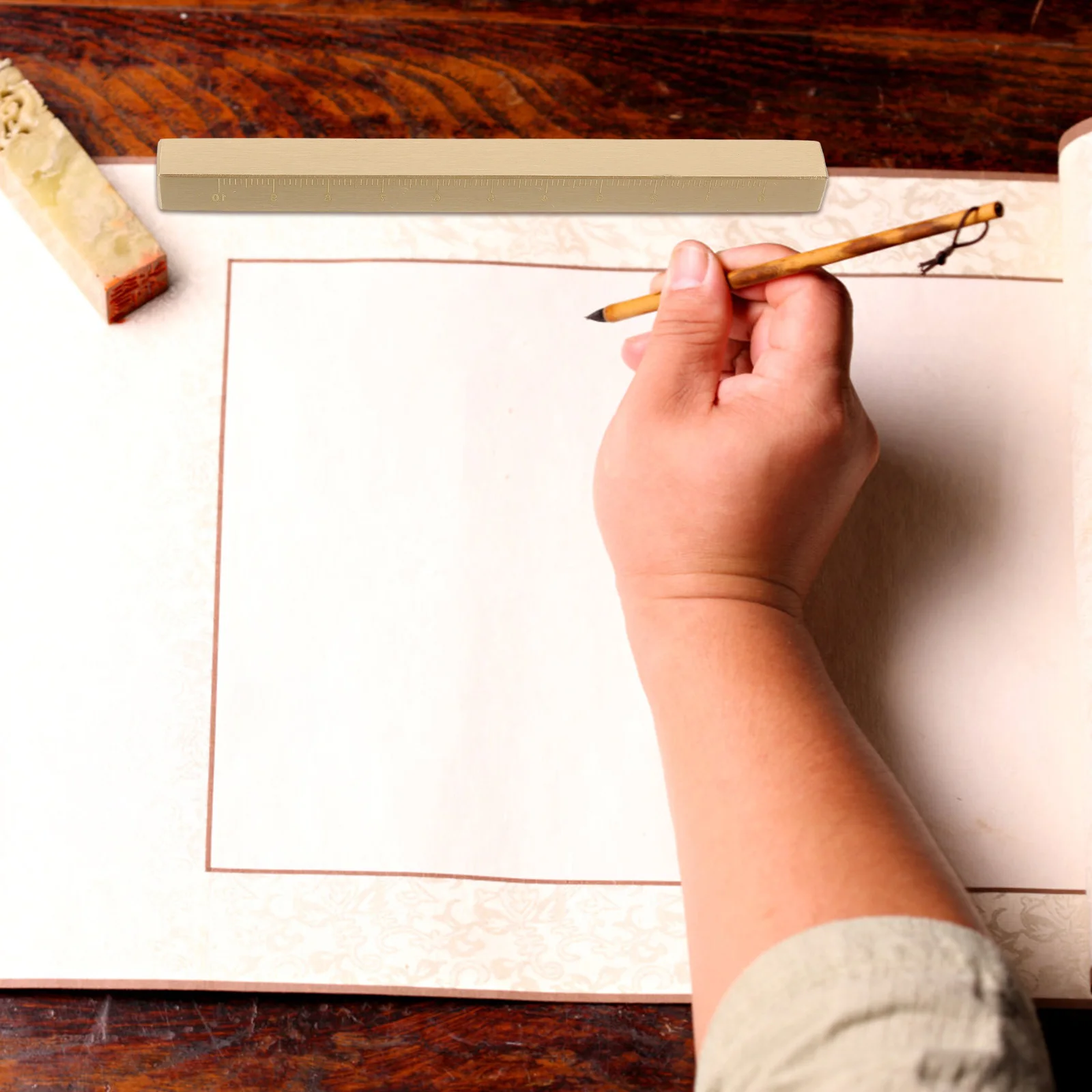 

Heavy Brass Paperweight with Measurement Scale Multi Use for Calligraphy Practice Writing and Desk Organization Portable Metal