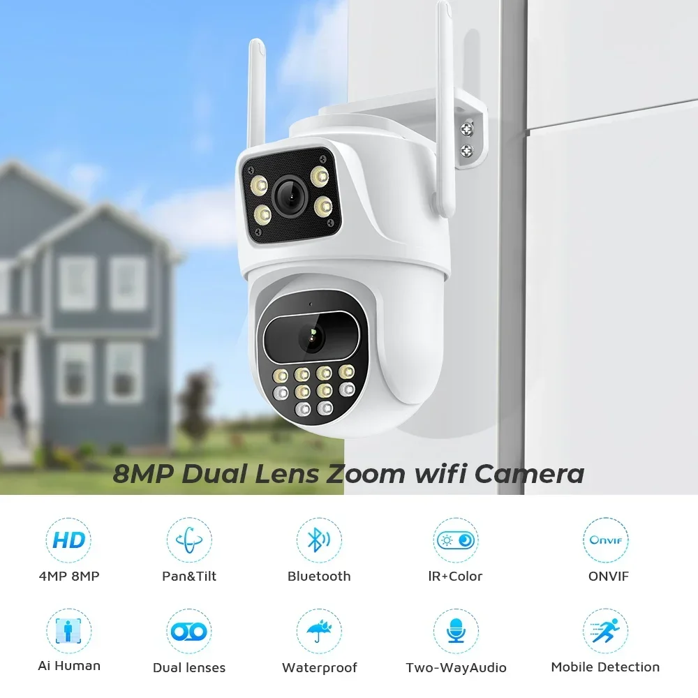 8MP Outdoor Dual Lens Wifi IP Camera 4K 4X Zoom Auto Tracking PTZ Color Night Vision Bluetooth ICsee Security Protection CCTV