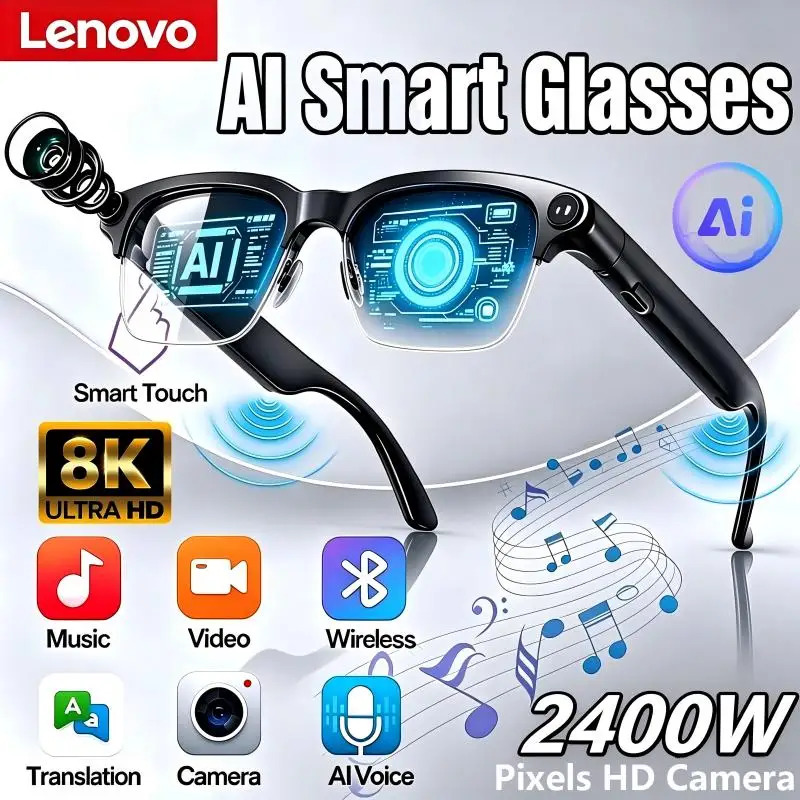 Lenovo Smart Camera Glasses 8K HD Hands-Free Wireless Bluetooth AI Glasses Calling Translator Voice Assistant Smart Sunglasses