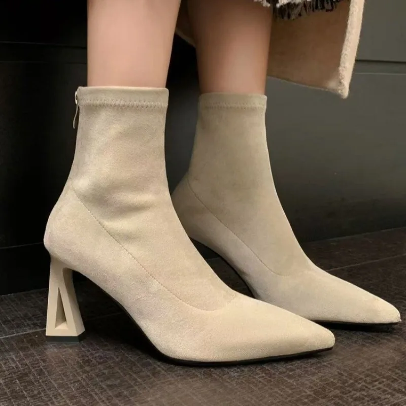 

Elegant Pointed Toe Women Sock Short Boots Fashion Side Zippers Slim Ankle Booties Thin High Heel Autumn Winter Ladies Shoes