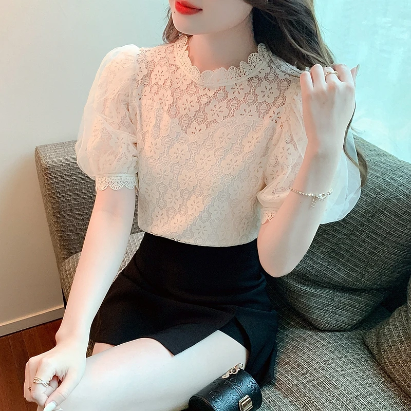 Women Clothing Korean Fashion Sexy Lace Hollow Sweet Chic Elegant Blouse 2024 Summer Female Casual Solid Short Sleeve Slim Tops