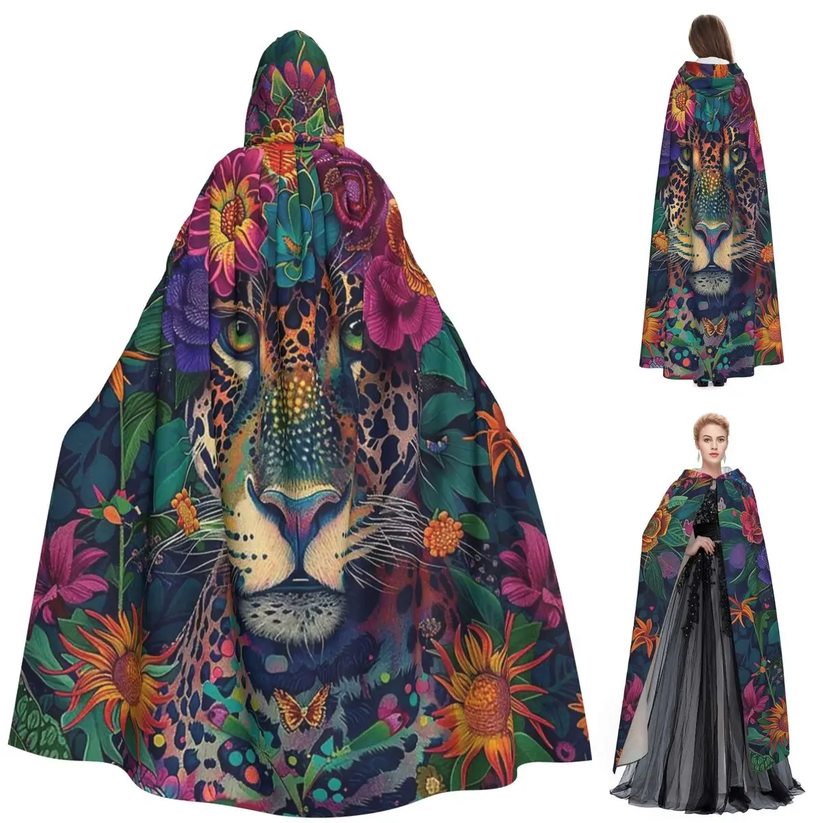 

Exotic Flower In The Rainforest Floral Pattern Long Hooded Cloak Witch Medieval Costume Cosplay Cape HalloweenCoat Adult Unisex