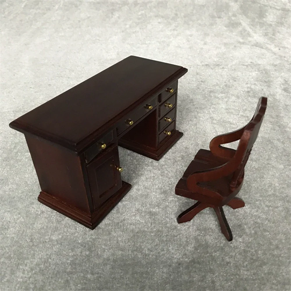 1/12 Dollhouse Miniature Wooden Vintage Table Chair Set Mini Study Furniture Toy for Doll House Accessories Decoration ob11