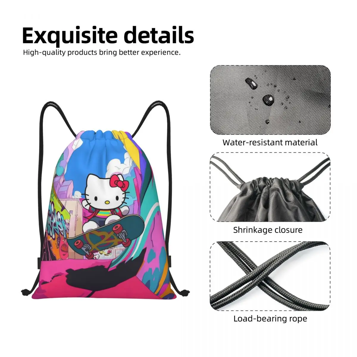 Mochila personalizada da Hello Kitty com cordão, bolsa de ginástica esportiva para mulheres e homens, mochila de treinamento de personagens de desenhos animados