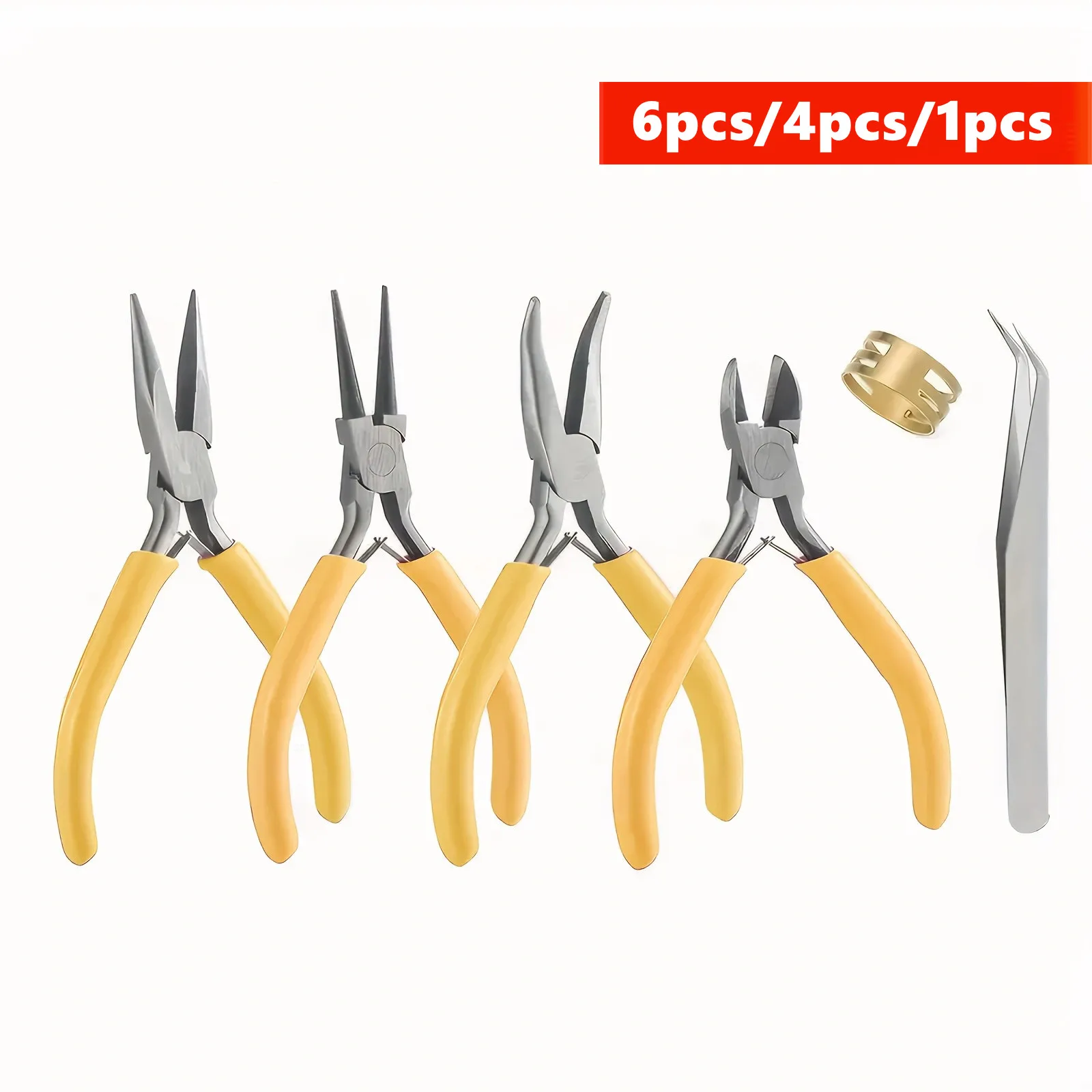6/4/1pcs Yellow Jewelry Making Pliers Set - Needle Nose, Round Nose, Wire Cutter, Curved Nose, Tweezers for DIY Jewelry Repair