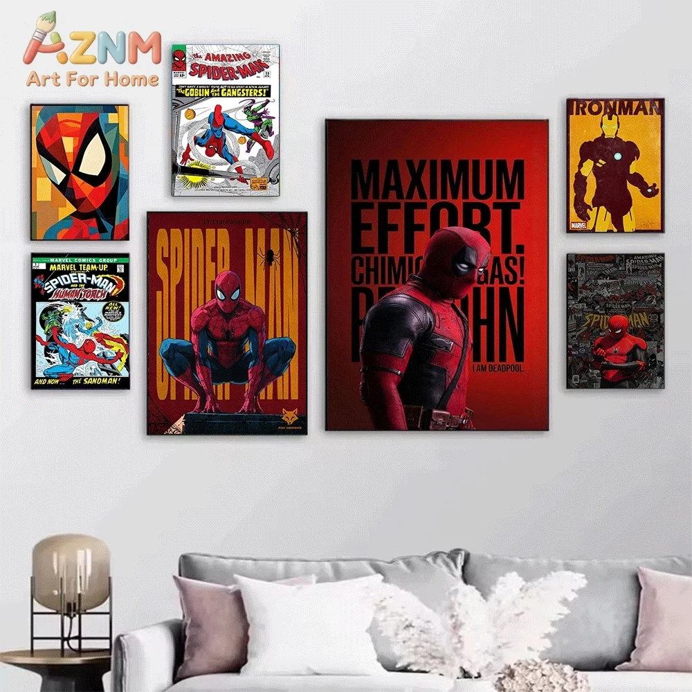 Spider‑Man Deadpool Iron Man Superhero Canvas Wall Art Poster Vintage Marvel Comic Print Picture Home Bedroom Living Room Wall