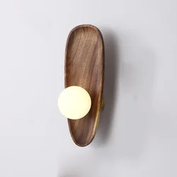 Lámpara de madera Natural montada en la pared, pantalla de cristal para sala de estar, decoración Vintage, candelabro de cabecera, vestíbulo, accesorio de luz LED