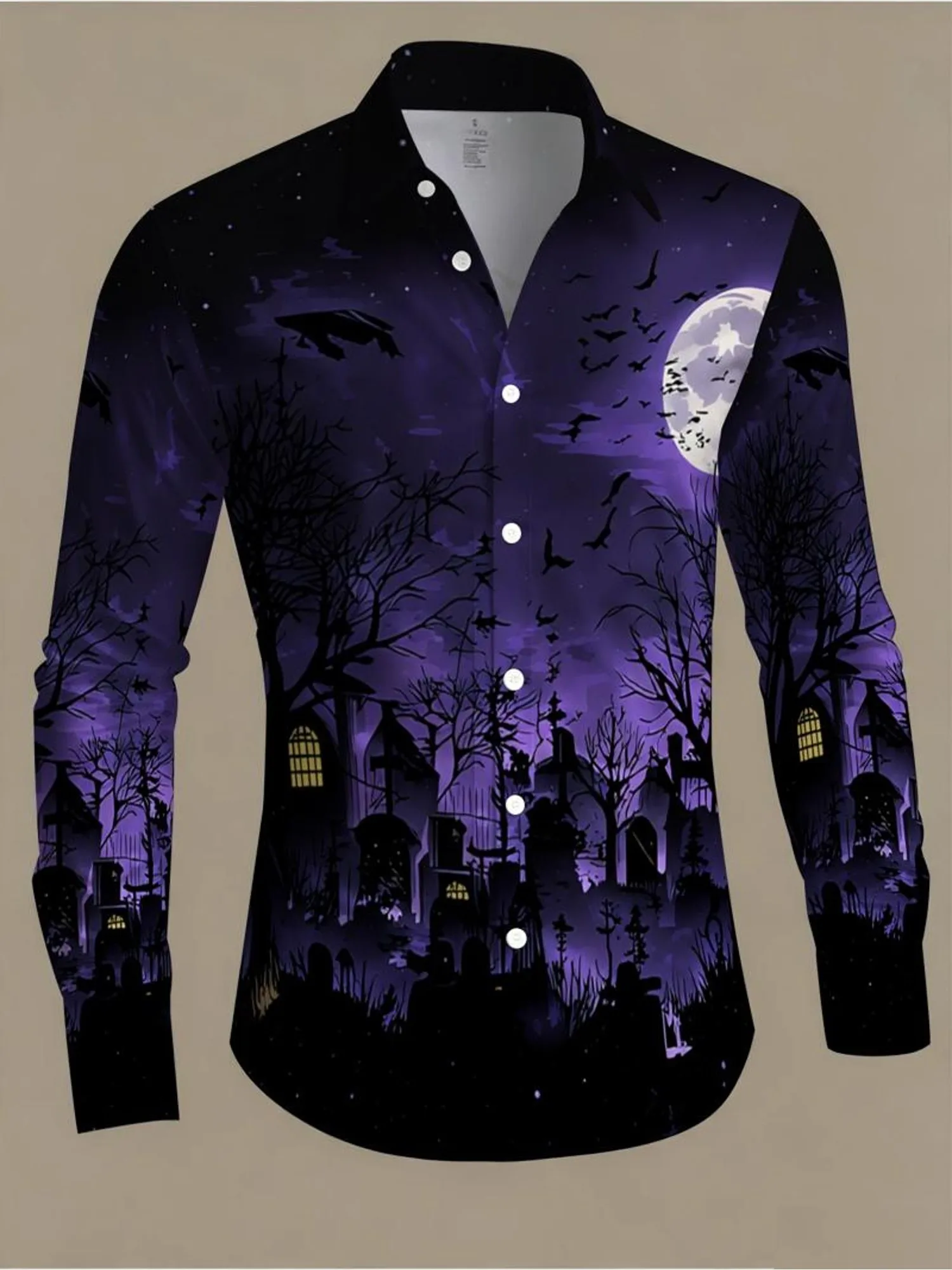 Men Long Sleeve Button Down Shirt Purple Halloween Haunted House Moon Crow Print Polyester Lapel Collar Party