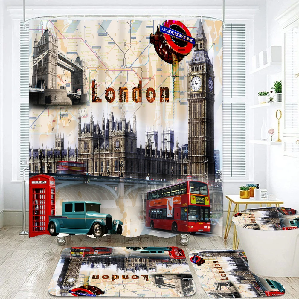 

180*180cm Shower Curtain Retro Scenery Bridge Bathroom Curtains Set Bath Mats Rugs Toilet Lid Cover Anti-slip Pedestal Carpet