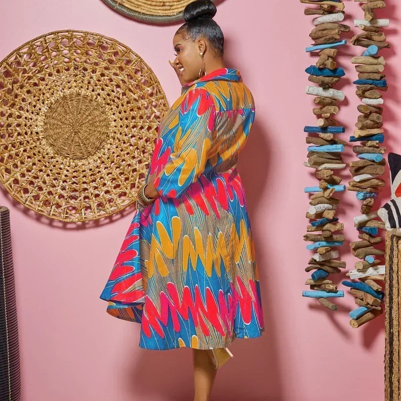 GUWU فستان قميص بأكمام طويلة مطبوع على شكل حرف a فضفاض غير رسمي بحاشية كبيرة أنيق بطول الركبة فستان نسائي ميدي ملابس الخريف