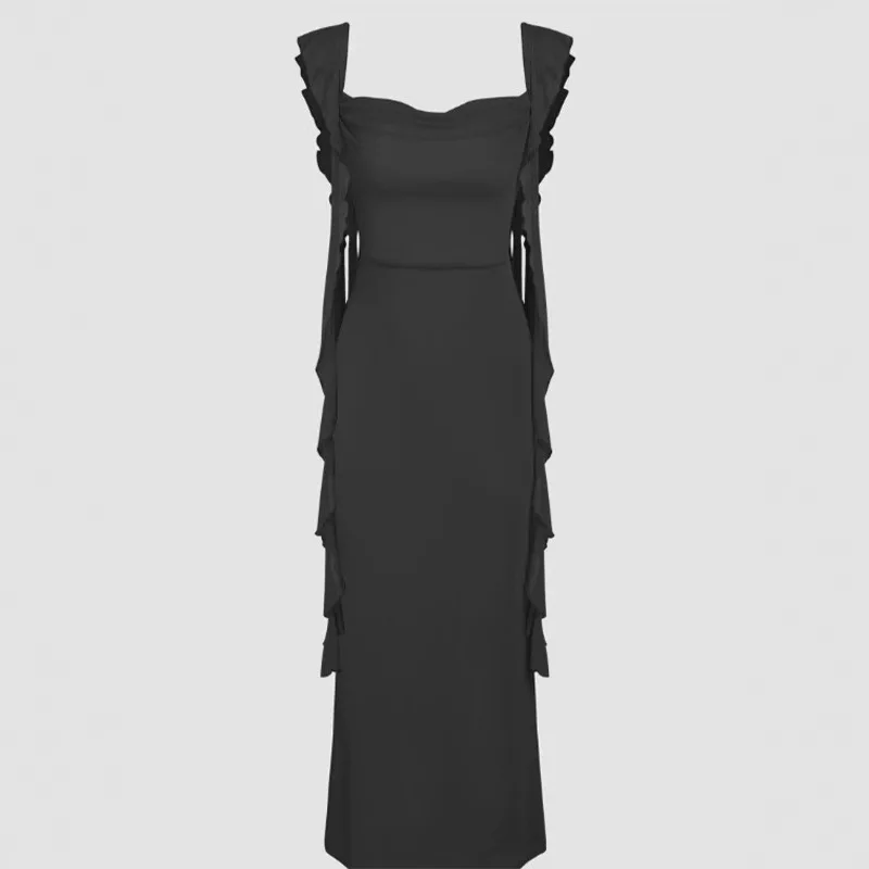 فستان نسائي صيفي جديد موديل 2025 برقبة مربعة بدون أكمام مكشكش وجانبي مطوي أخضر فاتح بقصة ضيقة فستان أنيق #1