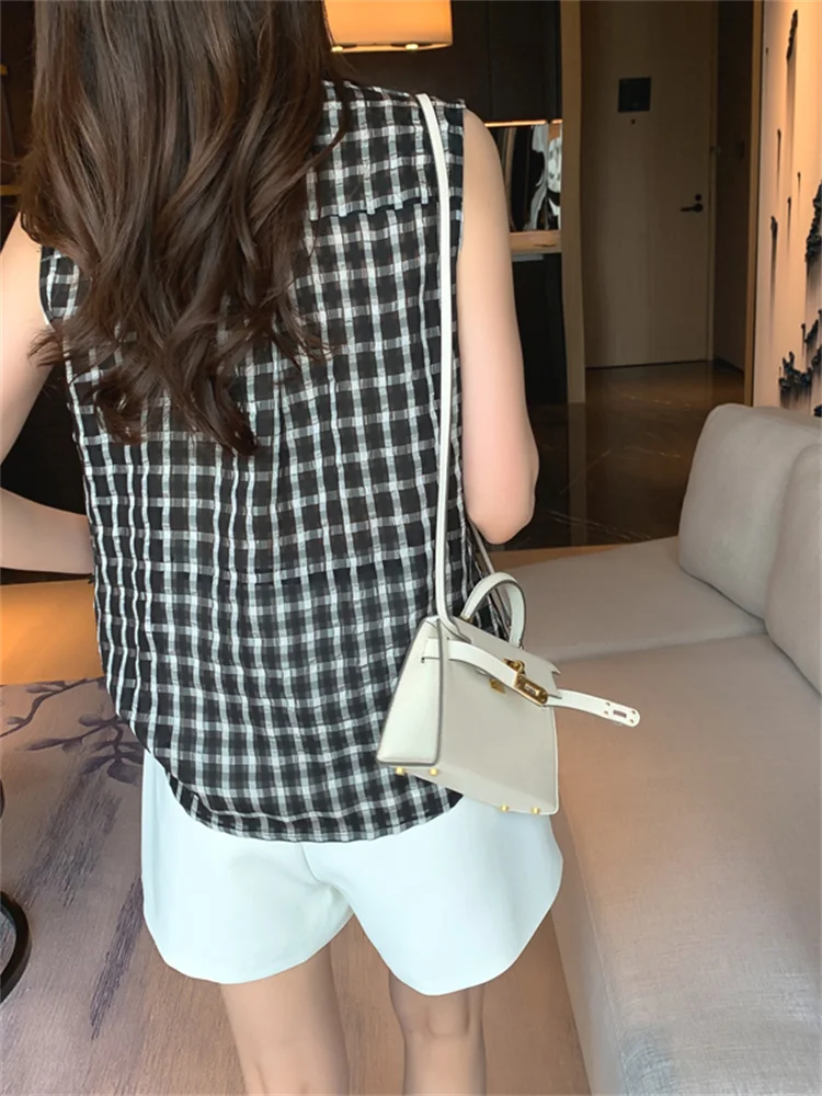 #2562 Plaid Vest Blouse Women Thin Sexy Short Office Sleeveless Chiffon Womens Tops And Blouses Outerwear Shirt Femme Summer