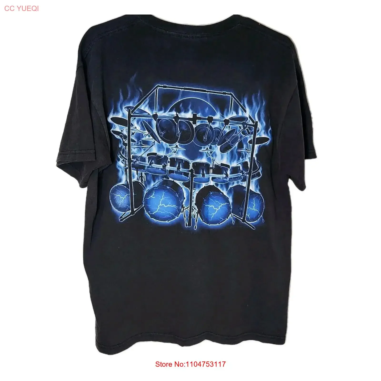 Vintage Y2K Blue Flames Drum Set Drummer T Shirt Mens Med Front Back  vintage Washed Versatile designer clothes Casual homme