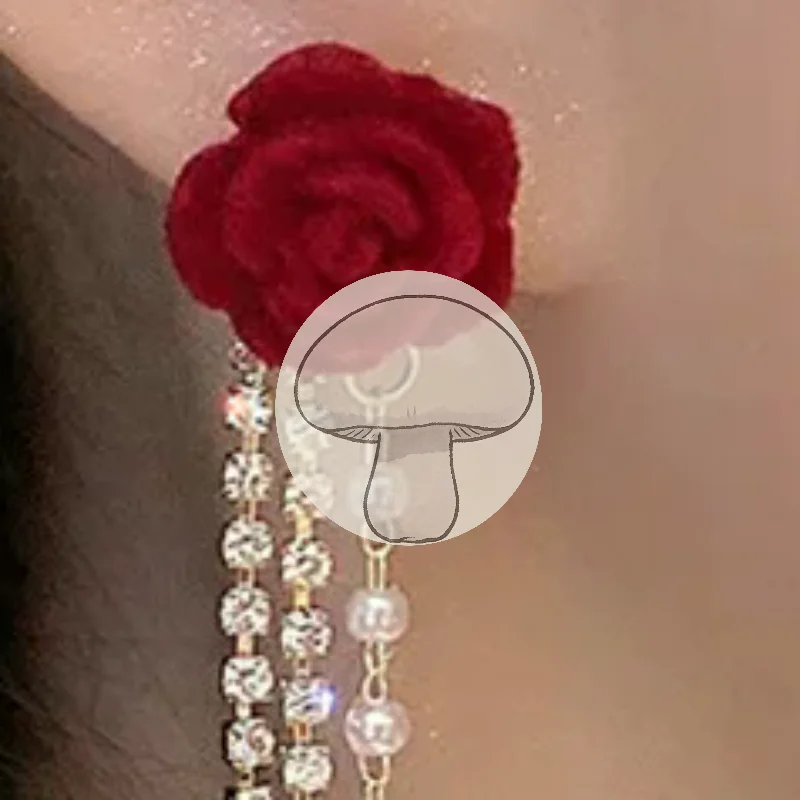 Wine Red Flocking Bow Pearl Tassel Earrings For Women Elegant Trending Luxury Red Rose Flower Long Tassel Earrings Jewelry Gifts