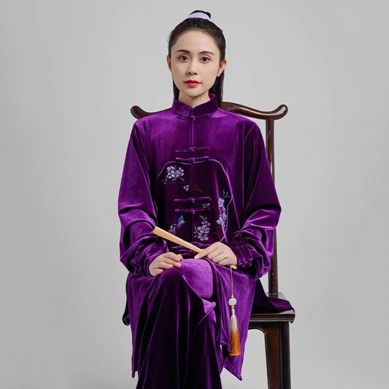 Kun Master Thicken Velvet Taichi Uniform Elegant Winter Martial Arts Suit Embroidery Kung Fu Clothes Taiji for Women