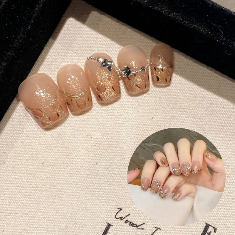 

10PCS Handmade Glittering Leopard Acrylic Press-On Nails with Diamonds Fashionable Full Cover French Nail Tips for Women&Girls