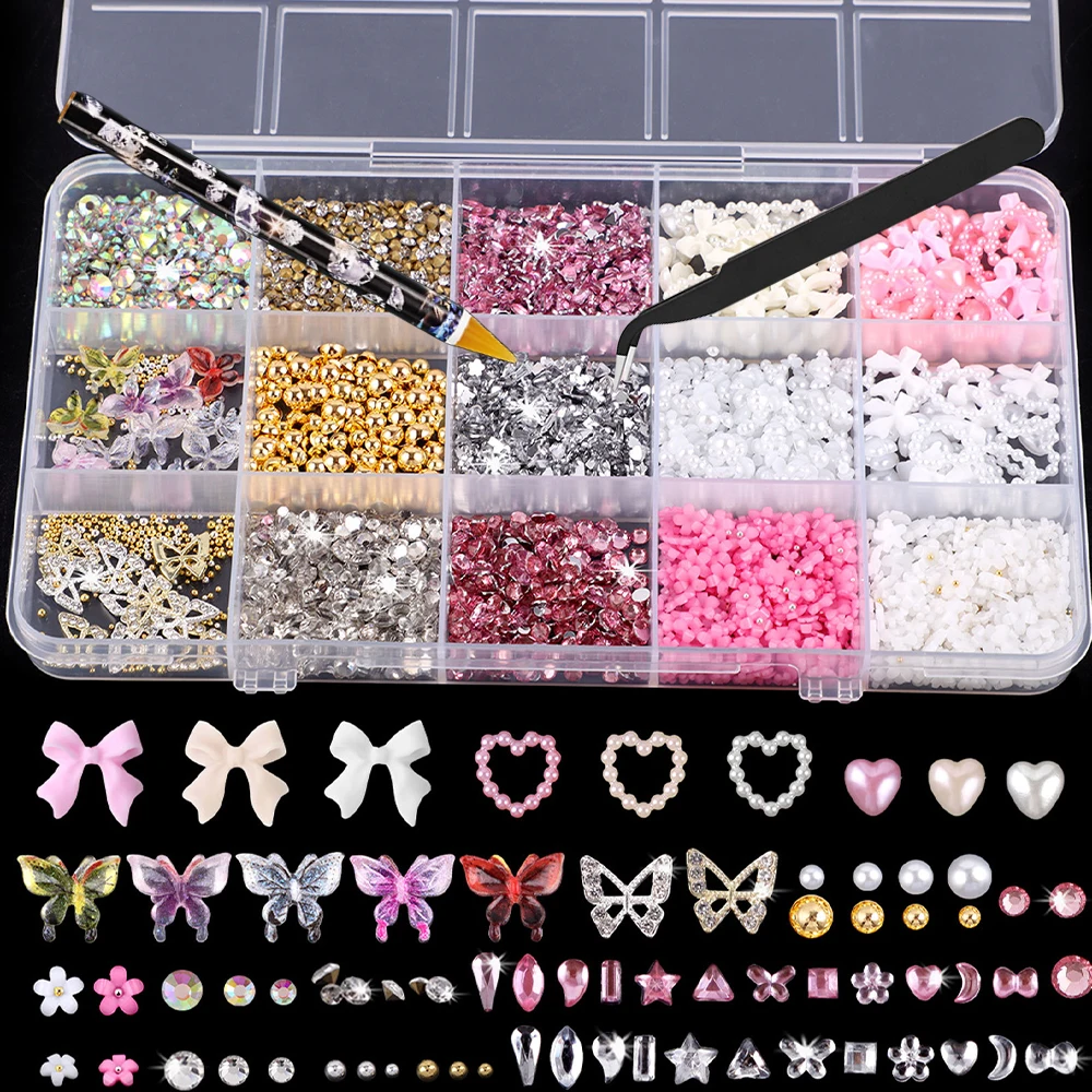 

Набор из 15 сеток с блестящими стразами для ногтей: розовые бантики, бабочки, жемчужины, плоские стразы, декоративные камни, украшения для ногтей с инструментами